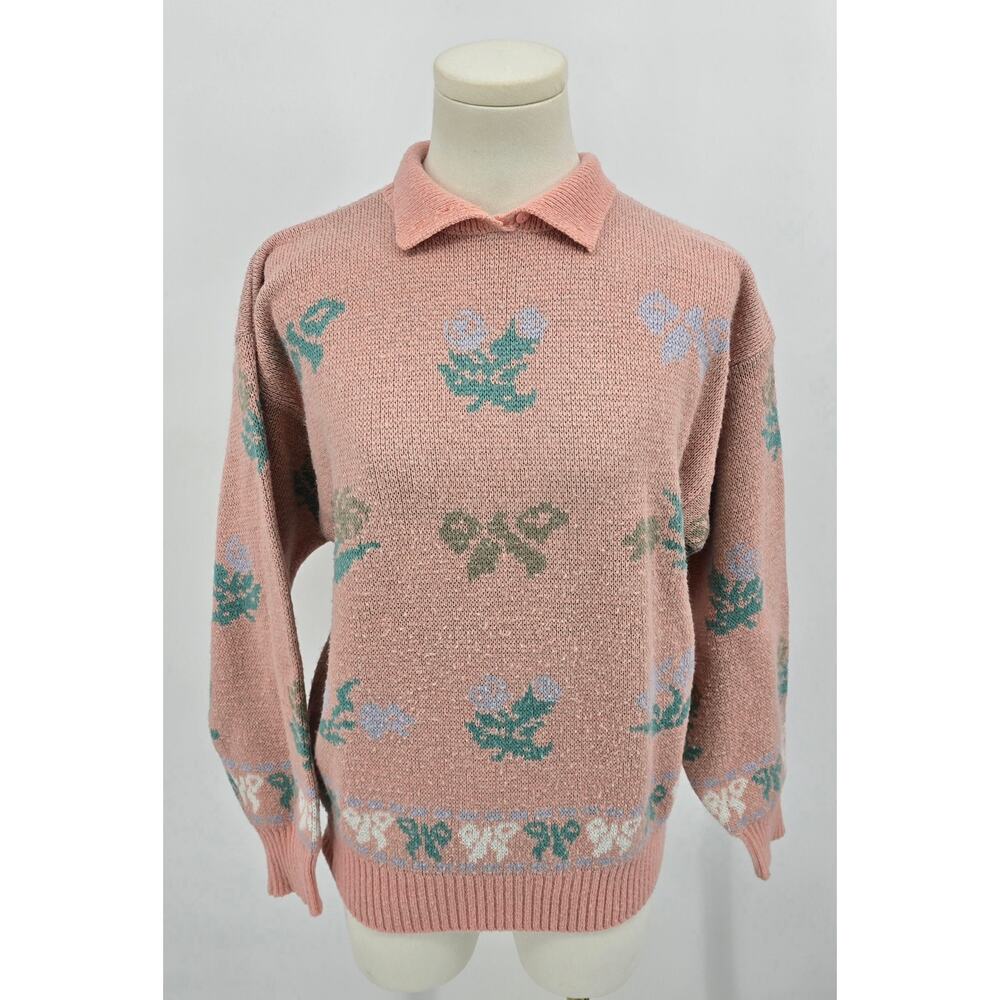 Vintage Gina Peters Twee Cottagecore Petal‎ Pink Bow Sweater
